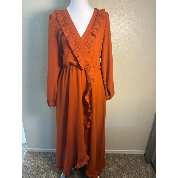 Simplee Dresses & Skirts - Simplee Burnt Orange Ruffle Wrap Maxi Dress Crochet Lace Long Sleeve Womens L